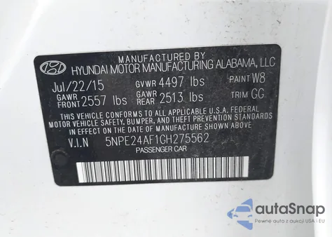 2016 Hyundai Sonata Se z USA, uszkodzony, nr VIN 5NPE24AF1GH275562